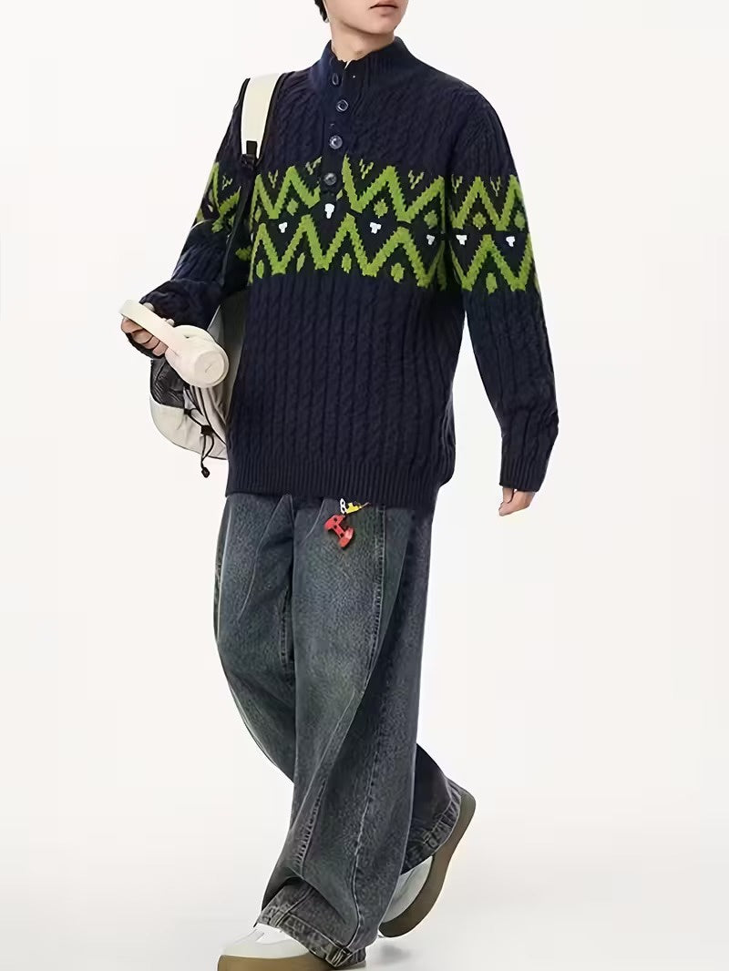 Męski Sweter z Półgolfem i Zapięciem na Guziki