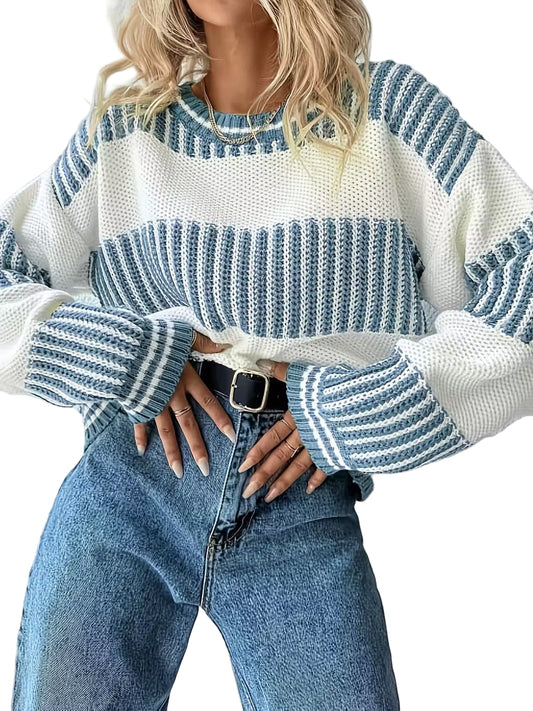 Damski Sweter w Paski z Okrągłym Dekoltem