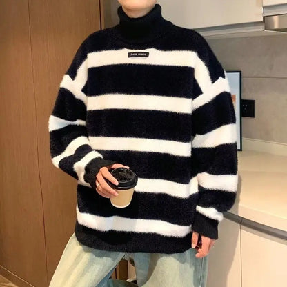 Męski Sweter w Paski z Golfem