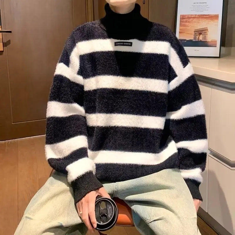 Męski Sweter w Paski z Golfem