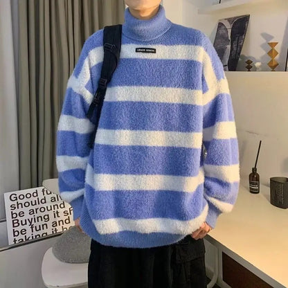 Męski Sweter w Paski z Golfem