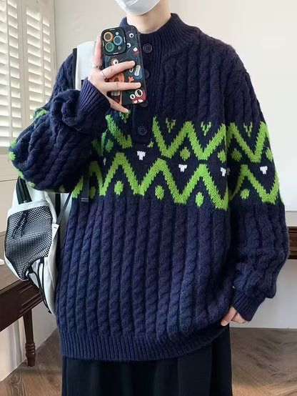 Męski Sweter z Półgolfem i Zapięciem na Guziki