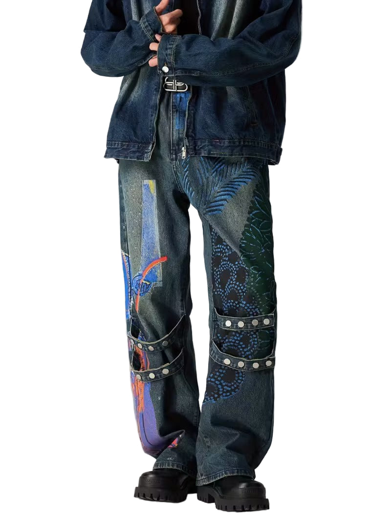 Męskie Spodnie z Prostą Nogawką i Wzorem Graficznym