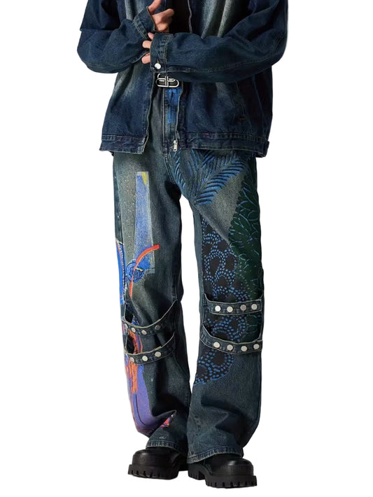 Męskie Spodnie z Prostą Nogawką i Wzorem Graficznym