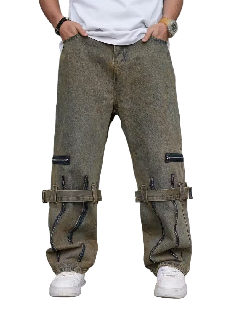 Męskie Spodnie z Szeroką Nogawką i Zamkami