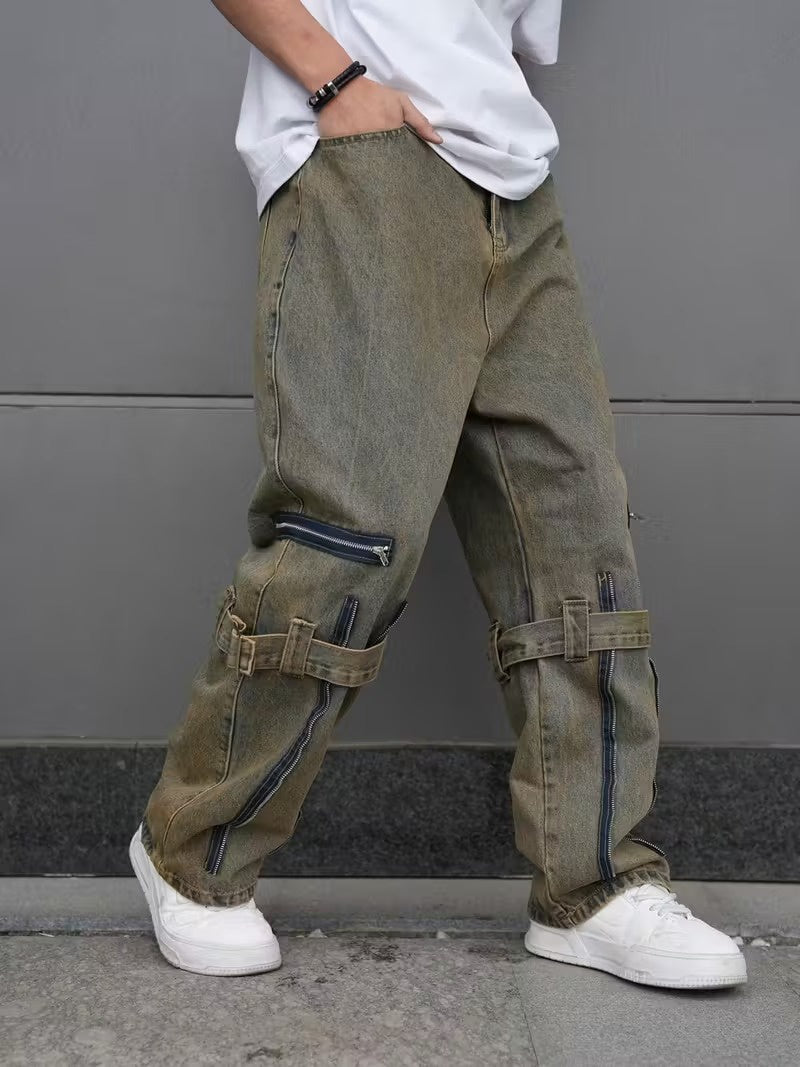 Męskie Spodnie z Szeroką Nogawką i Zamkami