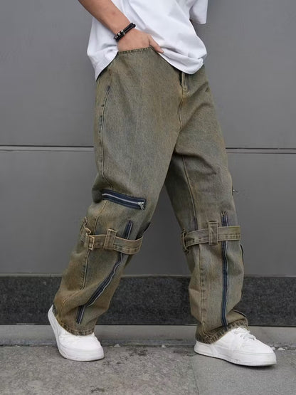 Męskie Spodnie z Szeroką Nogawką i Zamkami