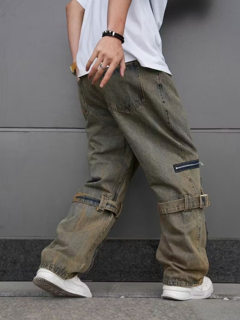 Męskie Spodnie z Szeroką Nogawką i Zamkami