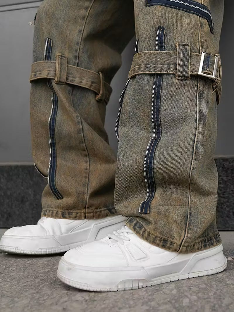 Męskie Spodnie z Szeroką Nogawką i Zamkami